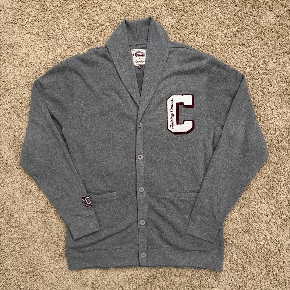 Raising Canes x Sportige Letterman Cardigan Sweater Gray Unisex Size XL RARE!